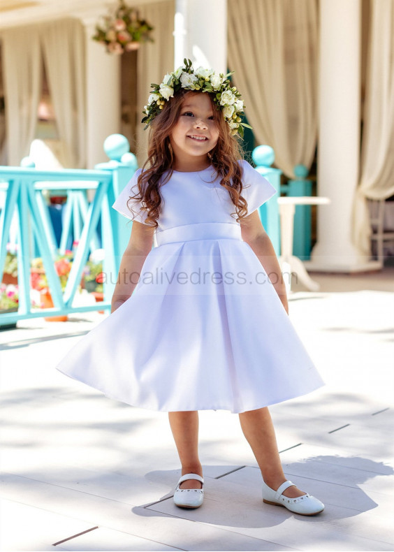 Short Sleeve White Satin Classic Flower Girl Dress